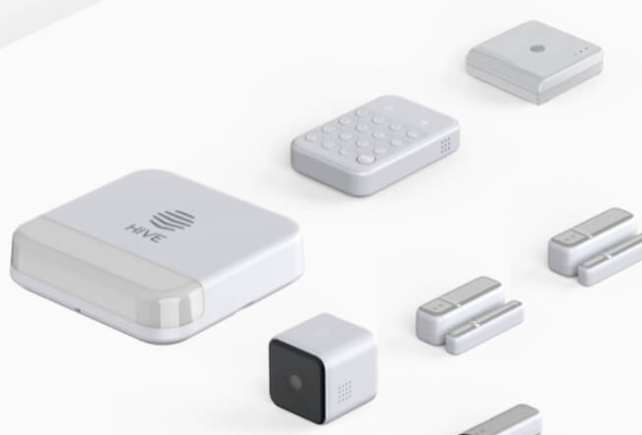 Composite image of Hive HomeShield Small Pack, including Hive View Indoor Cameras, Hive Siren, Hive Keypad, Hive Motion Sensors and a Hive Hub, on a light grey and white background