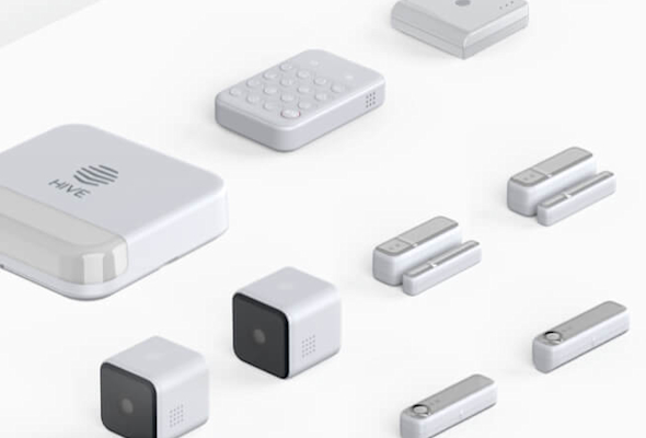 Composite image of Hive HomeShield Medium Pack, including Hive View Indoor Cameras, Hive Siren, Hive Keypad, Hive Motion Sensors and a Hive Hub, on a light grey and white background
