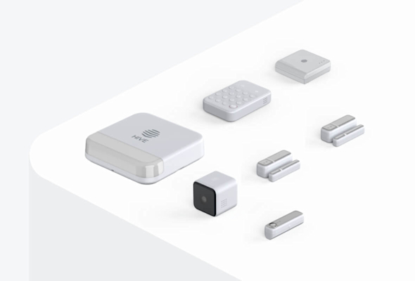 Composite image of Hive HomeShield Small Pack, including Hive View Indoor Camera, Hive Siren, Hive Keypad, Hive Motion Sensors and a Hive Hub, on a light grey and white background