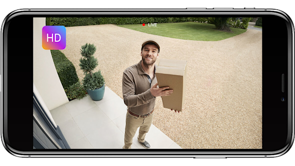 Smartphone screen showing an image of a delivery man looking into a Hive Outdoor Camera at the front of a house, with a HD logo superimposed in the top left corner