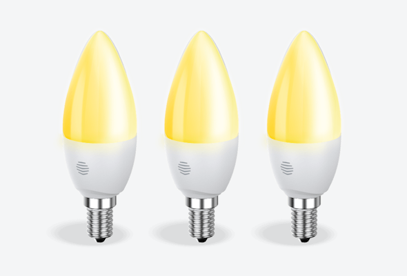 Front facing view of three Hive E14 Smart Light Bulbs, with dimmable light, on a light grey background