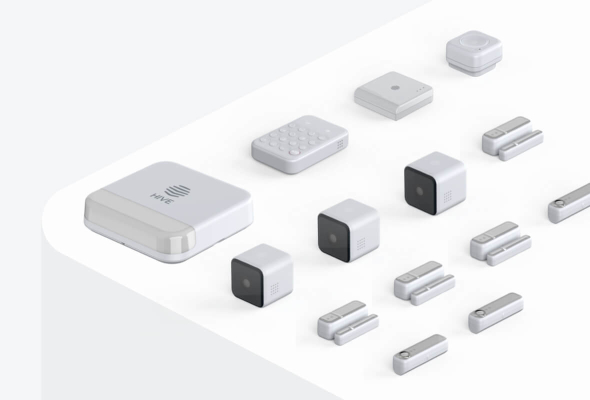 Composite image of Hive smart devices, including Hive View Indoor Cameras, Hive Siren, Hive Keypad, Hive Motion Sensors and a Hive Hub, on a light grey and white background