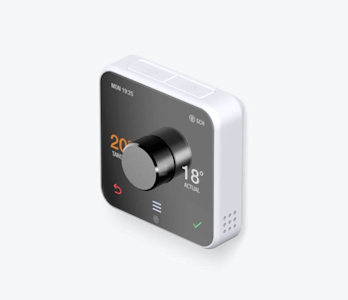 Side angle view of Hive Thermostat, showing temperatures and controls on its screen, on a white background