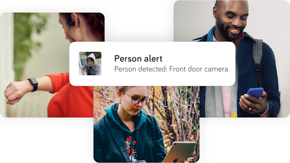 Composite images of a woman looking at her smartphone, a man looking at his smartphone and a girl looking at her tablet with a screen alert superimposed over the top