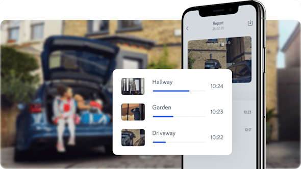 Car parked in front brown brick house with smartphone and smartphone screen superimposed over image to show Hive security system app