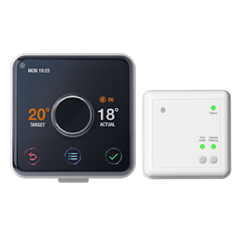 Composite image of black Hive Wireless Thermostat with a white Hive Receiver on a white background
