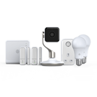 Composite image of Hive smart devices including Hive Indoor Camera, Hive smart bulbs, Hive Plug, Hive Motion Sensors and Hive Hub, on a white background