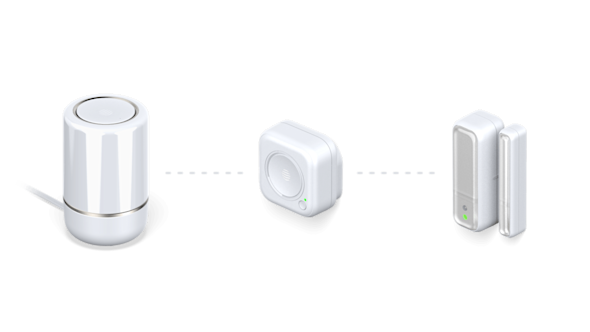 Composite image showing Hive Signal Booster wirelessly connecting to a Hive Hub 360 and a Hive Window or Door sensor, on a white background