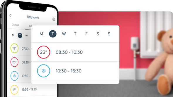 Side angle of smartphone showing Hive app with a pop-out screen in the middle of the image showing the calendar function, with teddy bear sat in front of a radiator in the background image