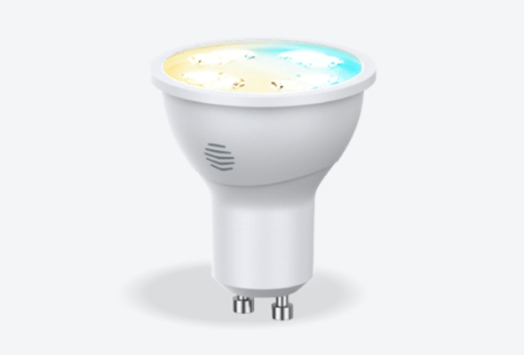 Front facing view of Hive GU10 Smart Light Bulb, in cool to warm colours, on a light grey background