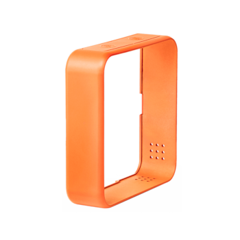 Side angled view of Hive Thermostat frame in an orange finish on a white background