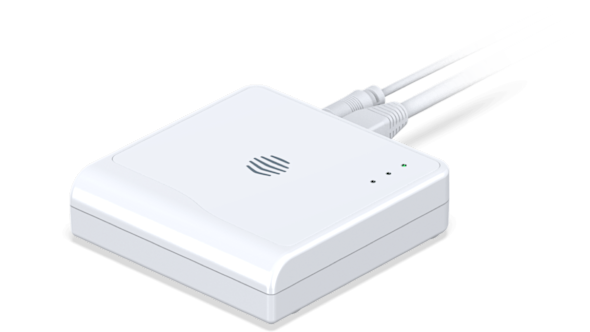 Side angle view of Hive Hub, with cables attached to the back, on a white background