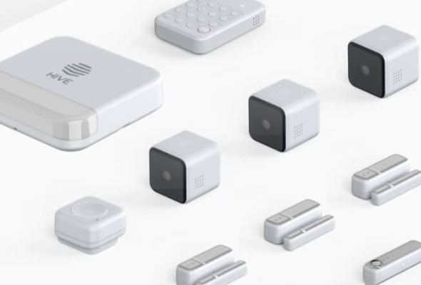 Composite image of Hive smart devices, including Hive View Indoor Cameras, Hive Siren, Hive Keypad, Hive Motion Sensors and a Hive Hub, on a light grey and white background