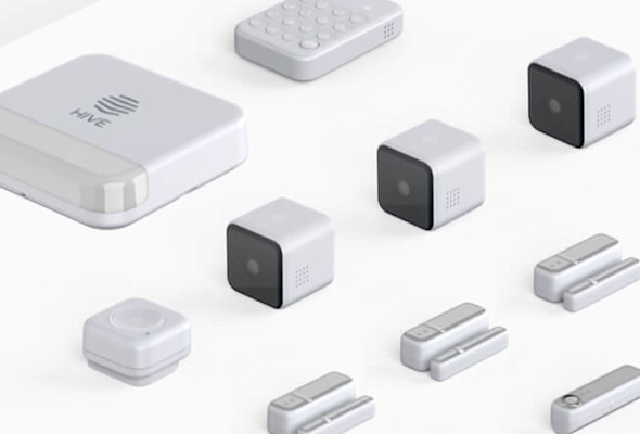 Composite image of Hive smart devices, including Hive View Indoor Cameras, Hive Siren, Hive Keypad, Hive Motion Sensors and a Hive Hub, on a light grey and white background