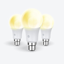 Composite image of three Hive B22 Smart Light Bulbs, with dimmable light, on a light grey background