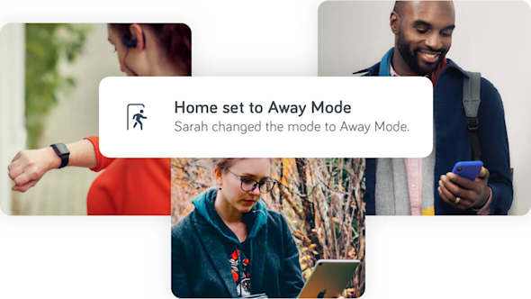 Composite images of a woman looking at her smartphone, a man looking at his smartphone and a girl looking at her tablet with a HomeShield screen alert superimposed over the top