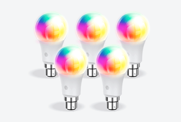 Composite image of five Hive B22 Smart Light Bulbs, with colour changing light, on a light grey background