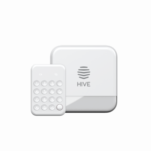Composite front facing view of Hive Siren and Hive Keypad on a light grey background