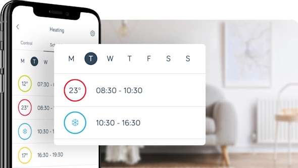 Side angle of smartphone showing Hive app with a pop-out screen in the middle of the image showing Hive schedule set-up, with a grey sofa and framed map in the background