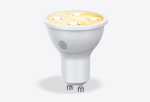 Front facing view of Hive GU10 Smart Light Bulb, with dimmable light, on a light grey background