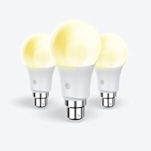 Composite image of three Hive B22 Smart Light Bulbs, with dimmable light, on a light grey background