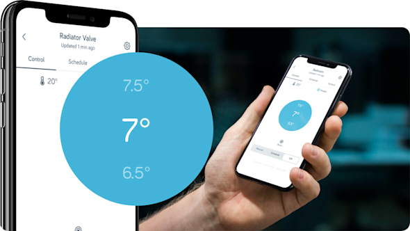 Side angle of smartphone showing Hive app with a pop-out blue icon showing an "7 degree" graphic, with a hand holding a smartphone using the Hive app in the background image