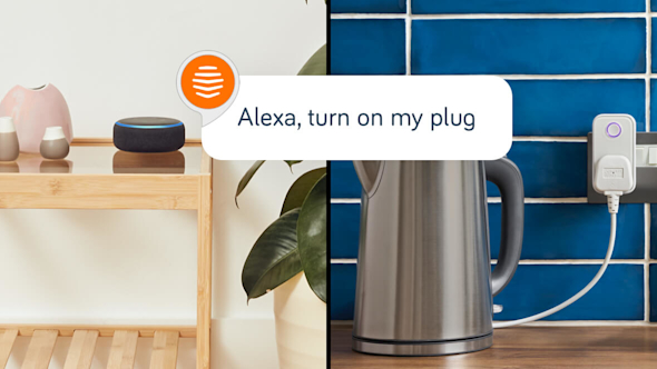 Composite image showing an Amazon speaker on a wooden unit to the right and a silver kettle attached to a Hive Plug on a wall socket on the left, with a speech bubble superimposed over the top saying "Alexa, turn on my plug."