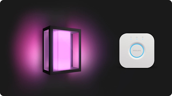 Philips Hue Impress Outdoor Light and Hue Bridge on a black background