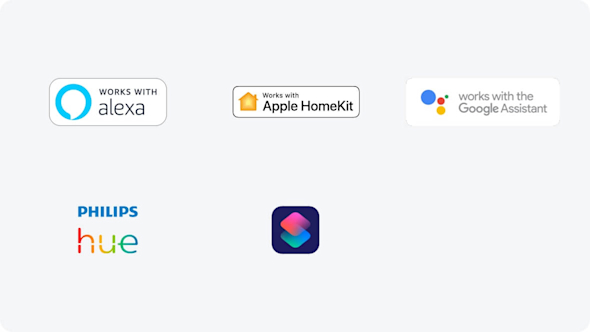 Composite image of logos including Alexa, Apple HomeKit, Google Assistant, Philips Hue and Siri on a grey background