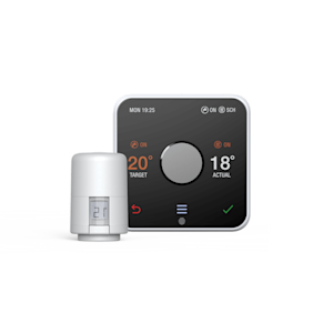 Front facing view of Hive Thermostat and Hive Radiator Valve on a white background