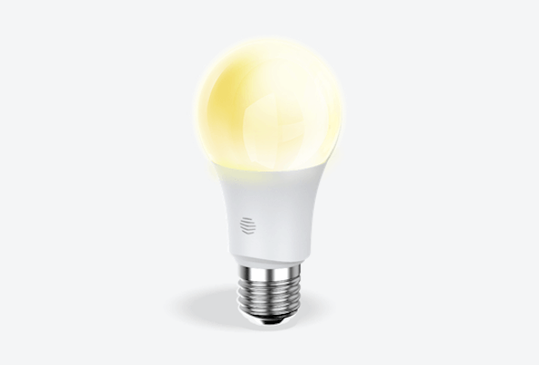 Front facing view of Hive E27 Smart Light Bulb, with dimmable light, on a light grey background