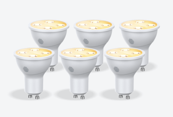Composite image of six Hive GU10 Smart Light Bulbs, with dimmable light, on a light grey background