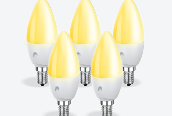 Front facing view of five Hive E14 Smart Light Bulbs, with dimmable light, on a light grey background