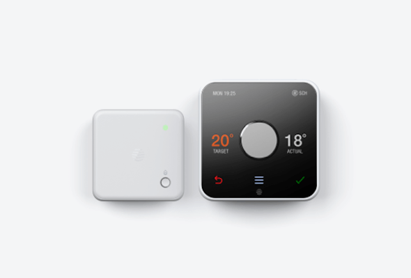 Front facing view of Hive Thermostat and Thermostat Receiver on a light grey background
