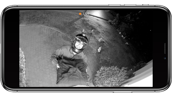 Smartphone screen showing an image of a food delivery man smiling and looking into a Hive Outdoor Camera at the front of a house