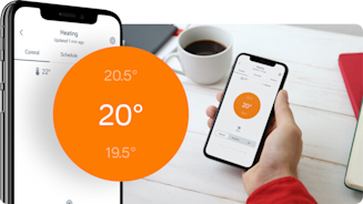Image of Hive app opened on smartphone on the left. On the right of image, it has a hand holding the smartphone with the Hive app open with coffee in the background. In the middle, the image has a 20 degrees temperature logo overlay in circle.
