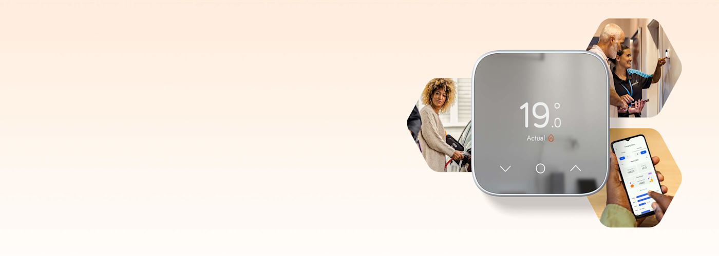 Composite image of Hive smart devices displayed on the right hand side of banner with a grey dip underneath and a white background across the rest of the banner