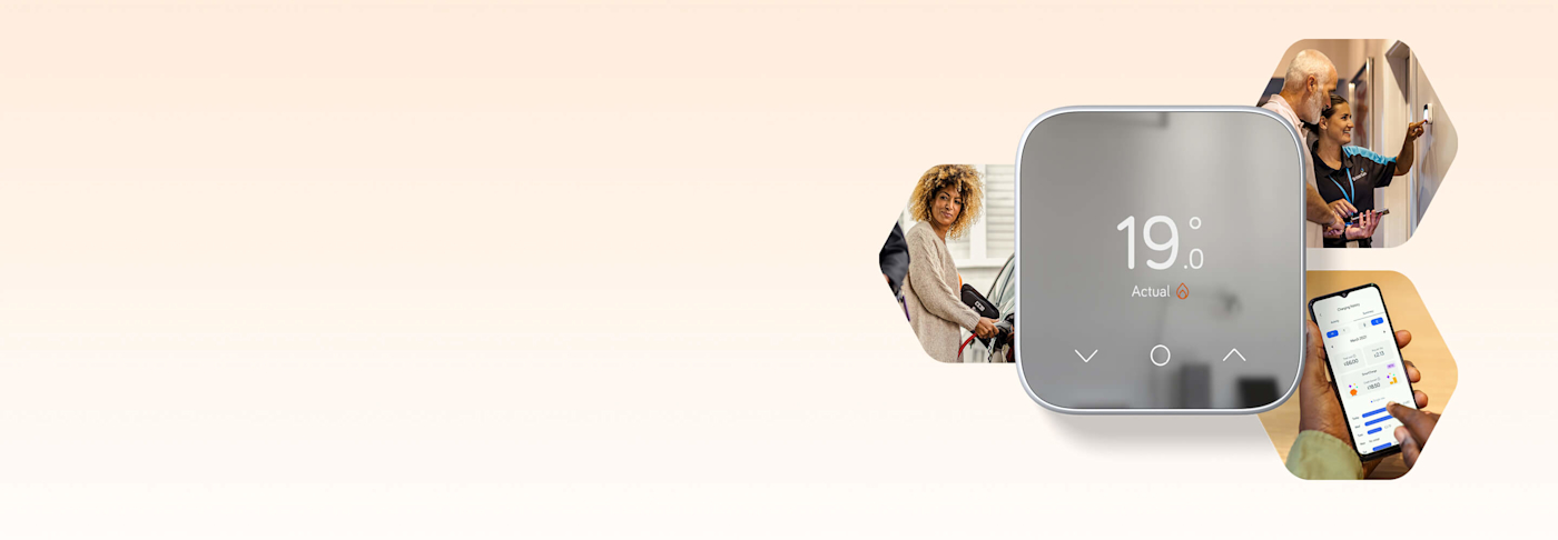 Composite image of Hive smart devices displayed on the right hand side of banner with a grey dip underneath and a white background across the rest of the banner