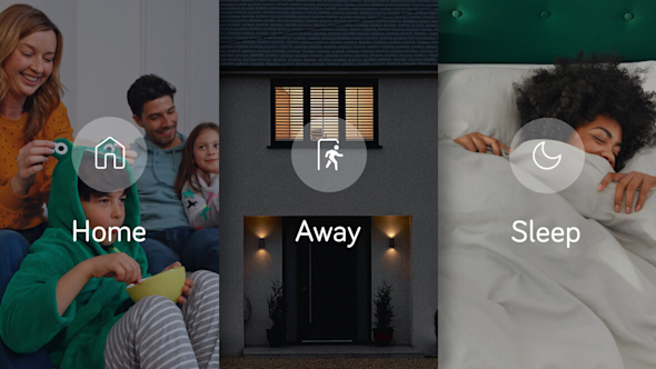 Composite of three images showing a family on a sofa, the outside of a house at night, and a woman with a duvet pulled up to her face, with icons for Home, Away and Sleep superimposed over the top