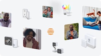 Composite image of Hive smart devices, Hive logo and small lifestyle images of people on a grey background