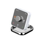 Side angle view of Hive Thermostat, sitting in a Hive Thermostat Stand, on a light grey background