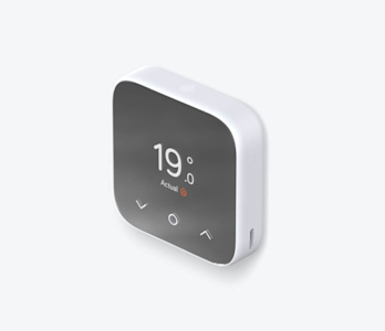 Side angle view of Hive Thermostat Mini, showing the temperature and controls on its screen, on a white background