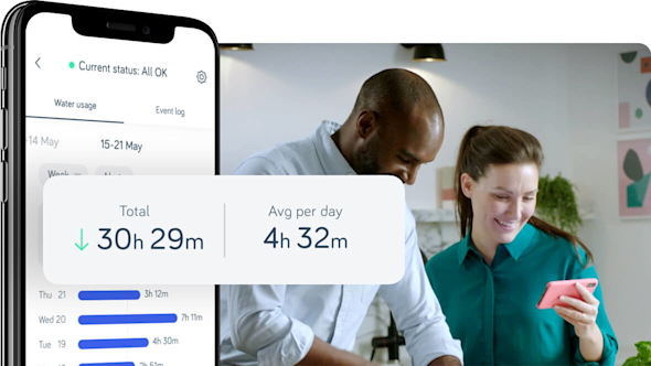 Side angle of smartphone showing Hive app with a pop-out screen in the middle of the image showing numbers, with a couple in the background looking at a smartphone