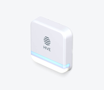 Side angle view of Hive Siren, with blue and white lights showing at the bottom, on a white background