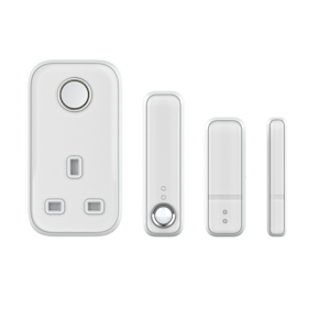 Composite image of Hive Plug, Hive Motion Sensor and Hive Window or Door Sensor on a light grey background