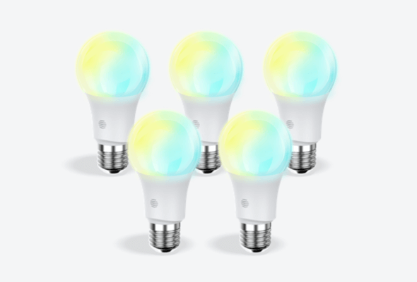 Composite image of five Hive E27 Smart Light Bulbs, in cool to warm colours, on a light grey background