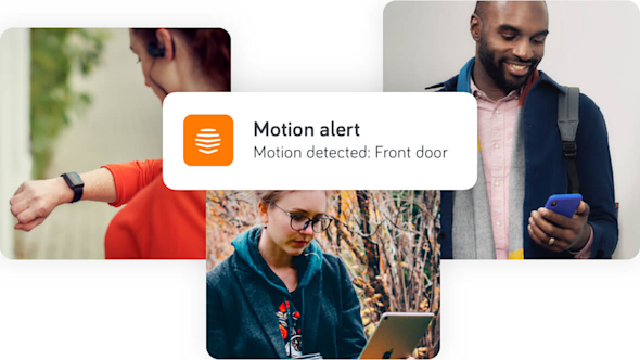 Three people looking at their smart devices with an image of a HomeShield mobile notification with the headline Motion Alert