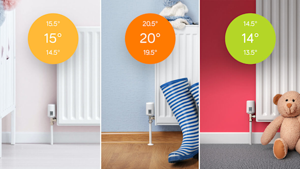 Composite image showing three different rooms with radiators, each with a colourful icon superimposed over the top showing different temperatures