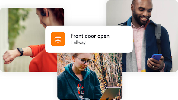 Composite images of a woman looking at her smartphone, a man looking at his smartphone and a girl looking at her tablet with a screen alert superimposed over the top