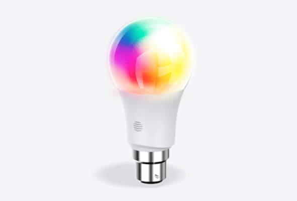 Front facing view of Hive B22 Smart Light Bulb, with colour changing light, on a light grey background